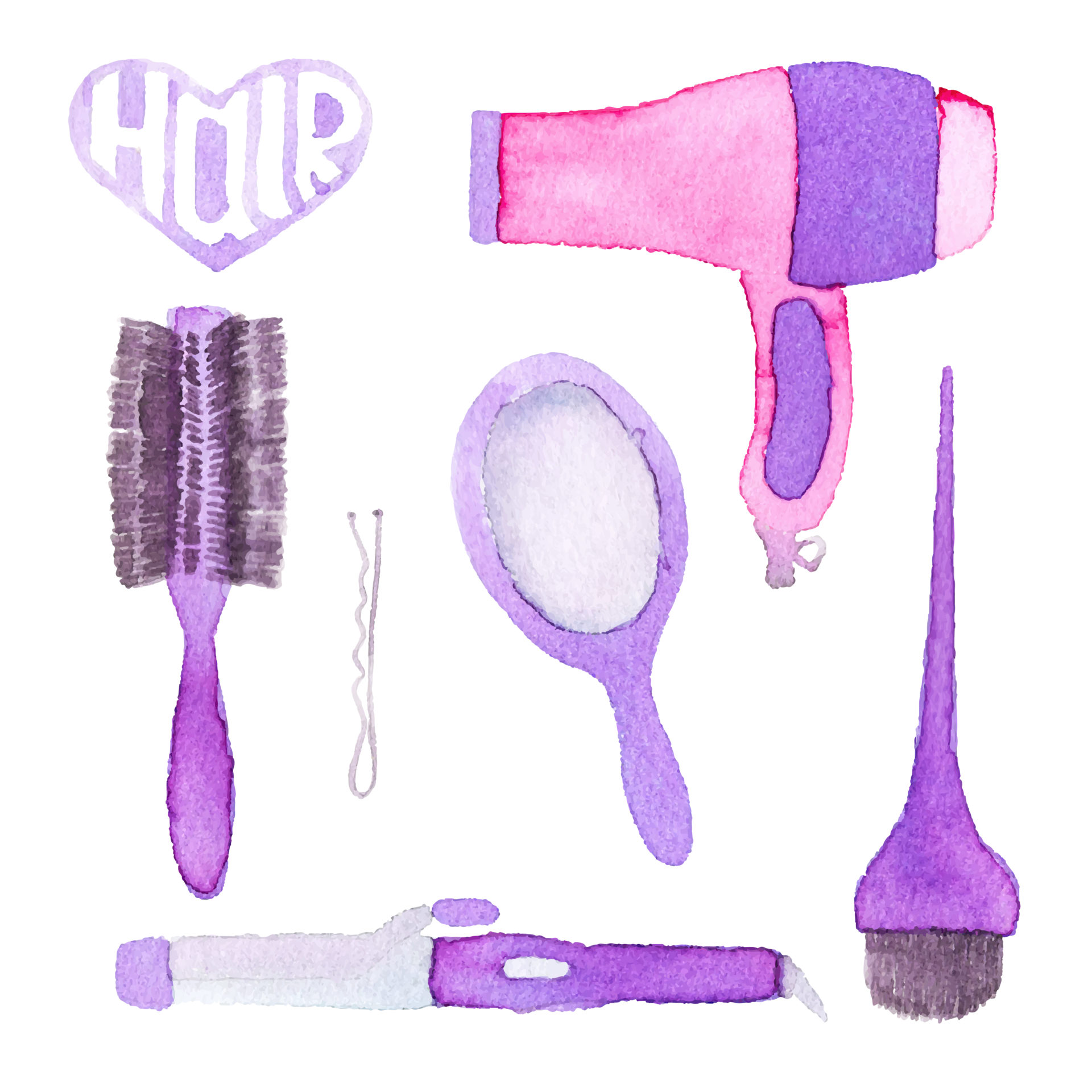 Hairstyling set. Hand-drawn tools. Real watercolor drawing. Vector illustration. Traced painting