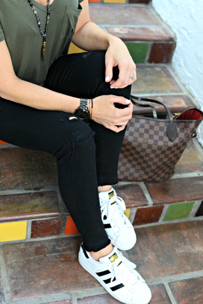 casual weekend uniform with adidas superstars, louis vuitton neverfull