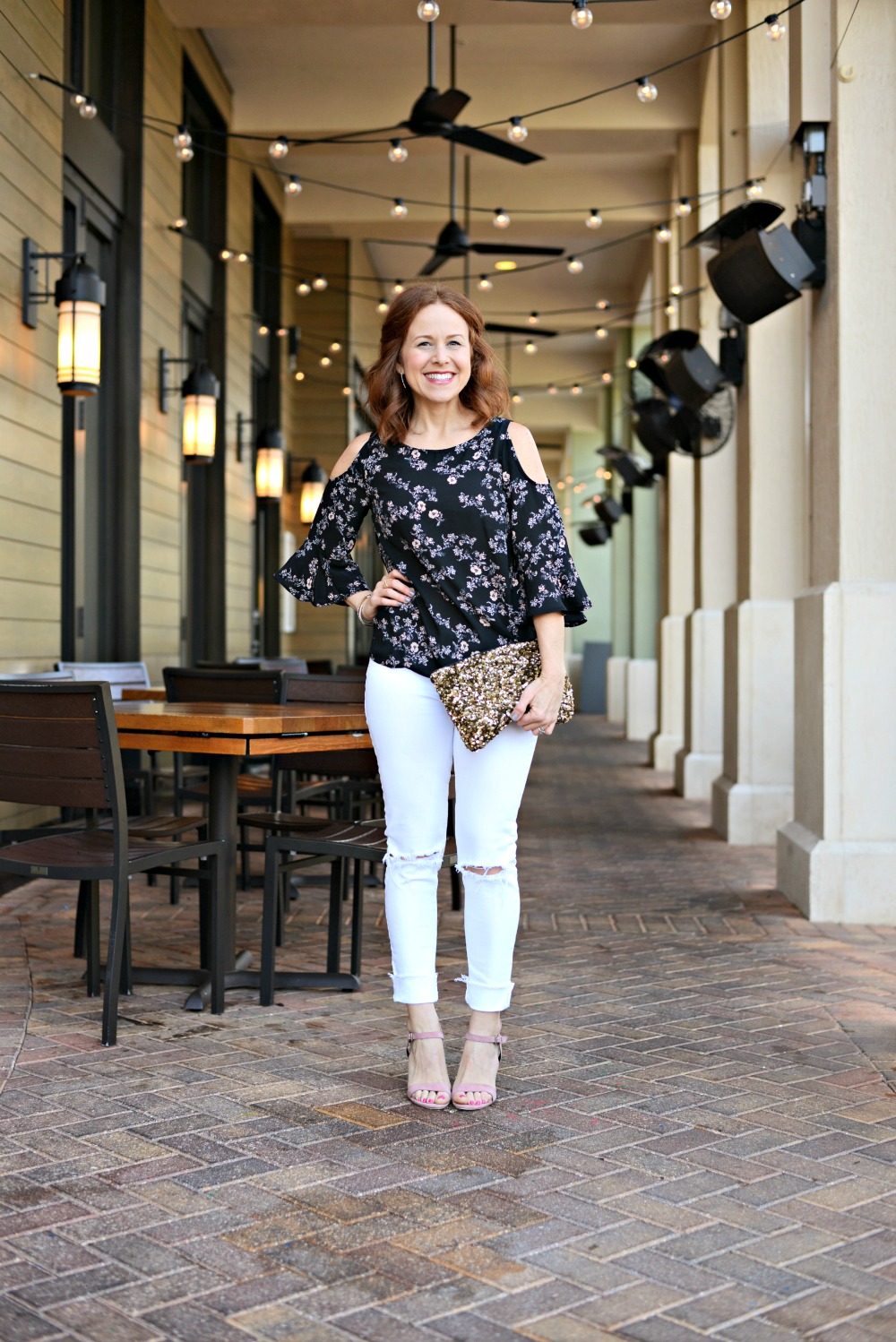best target find is this cold shoulder floral print blouse, with white denim // the modern savvy