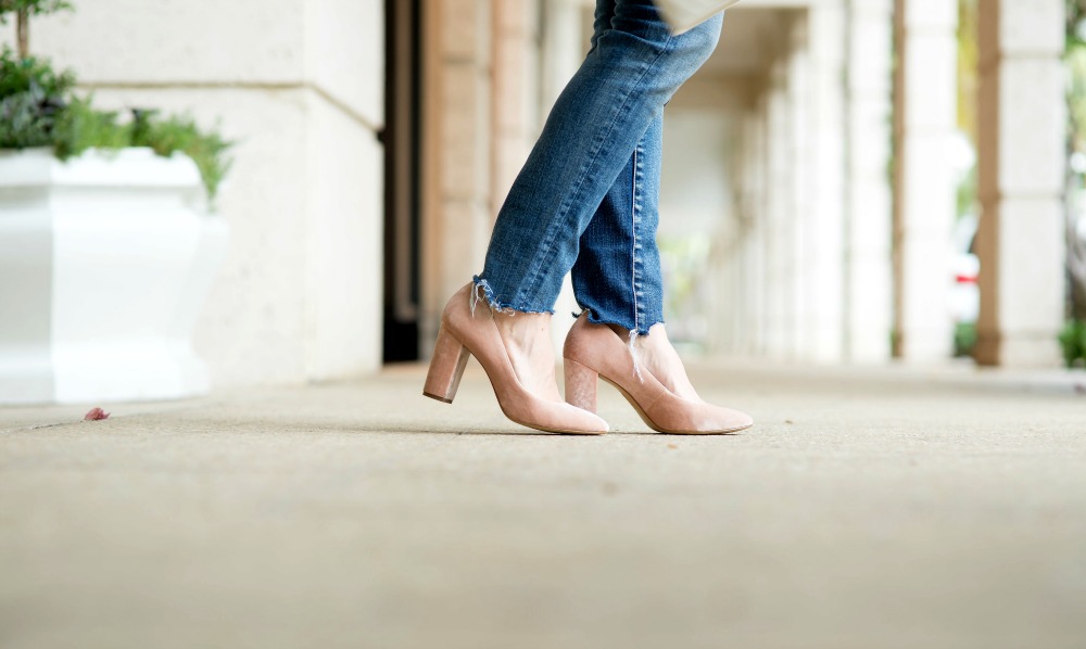 Blush heels with denim 