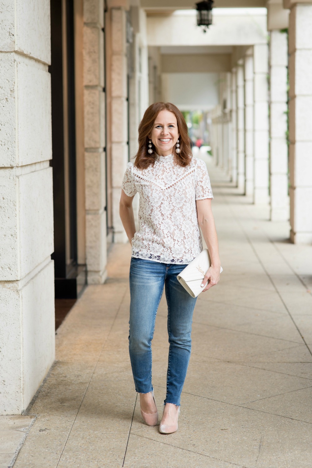 Classic outfit: lace blouse, blue denim and blush heels // the modern savvy