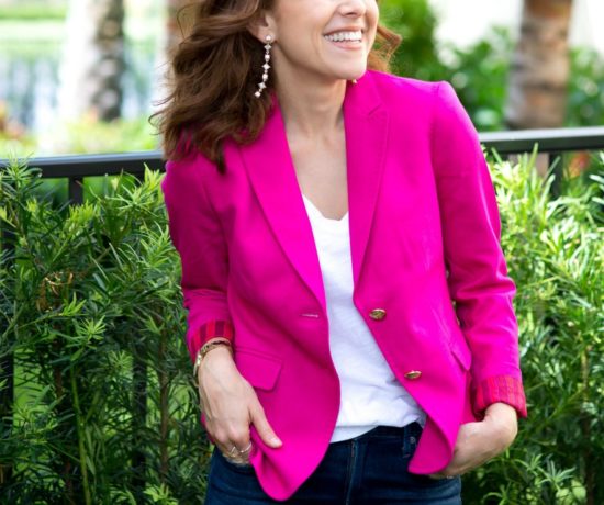 pink blazer styled for fall for an everyday casual chic look