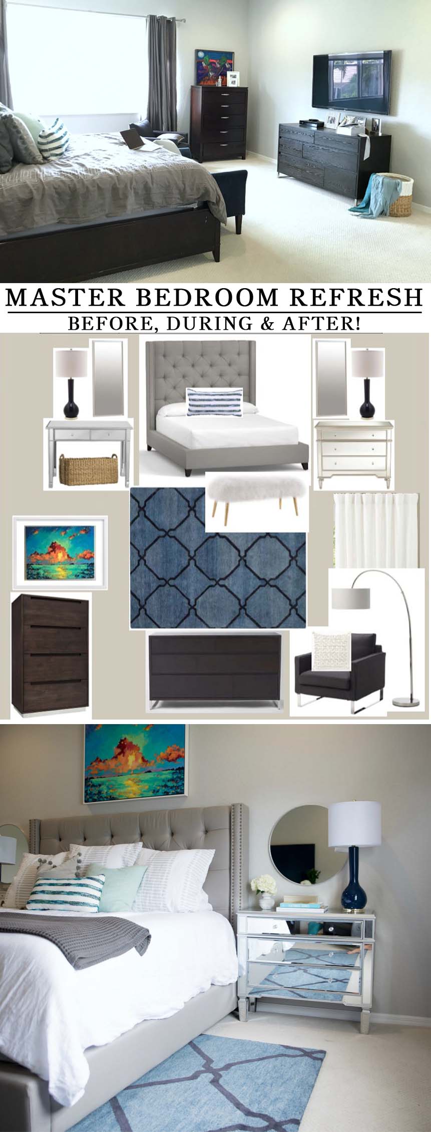 Master Bedroom Before & After -- Coastal, contemporary inspired space - Master bedroom refresh -- bright and light master bedroom decor (before & after) with grey upholstered headboard by popular Florida style blogger The Modern Savvy