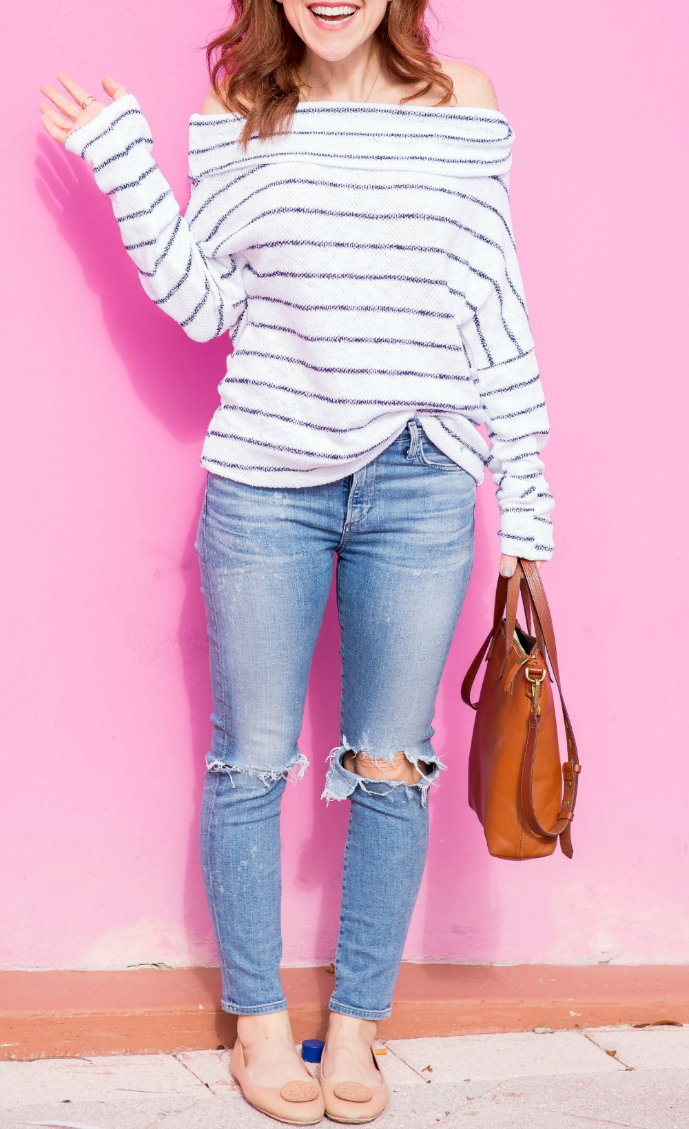 Spring style formula: striped off-the-shoulder sweater, distressed denim & neutral accessories - the most versatile striped top by popular Florida fashion blogger The Modern Savvy