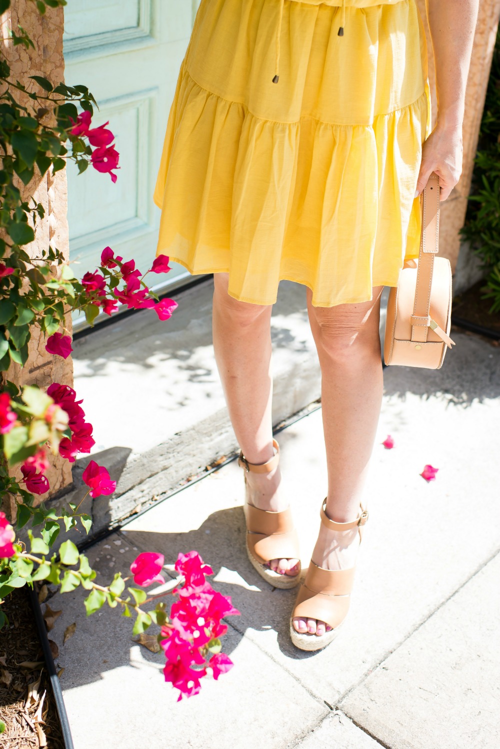 Easy spring outfit formulas -- budget friendly dress & cute wedges - Cute Yellow Dress styled by popular Florida fashion blogger, The Modern Savvy