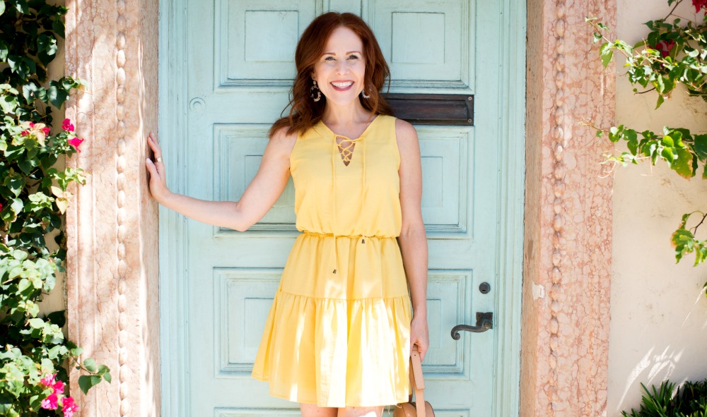 yellow dress, blue door in Palm Beach // the modern savvy, a life & style blog - Cute Yellow Dress styled by popular Florida fashion blogger, The Modern Savvy 