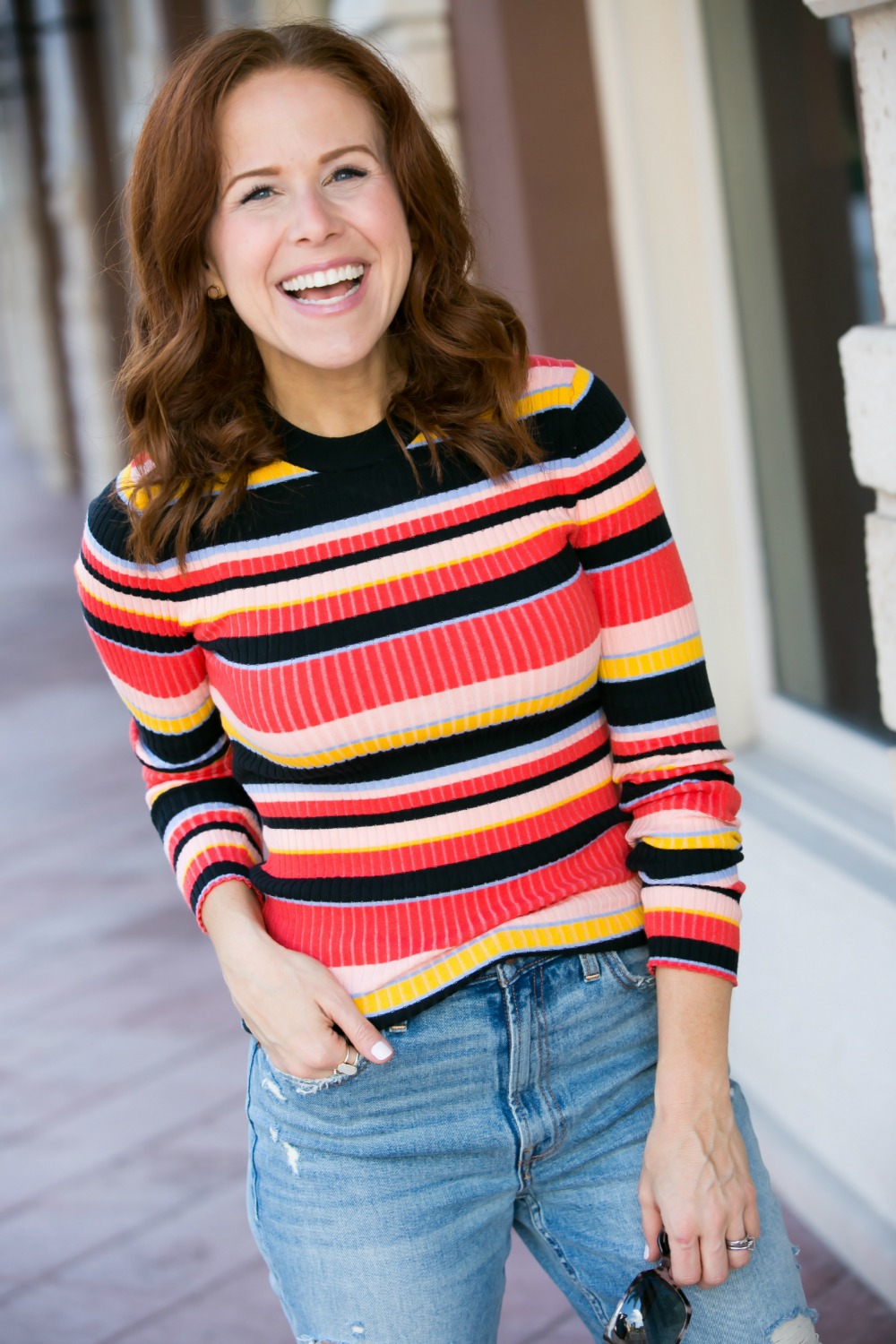 The easiest, and budget friendly outfit to look pulled together FAST // #falloutfit #momstyle #momuniform #rainbow | 90s Vibes | Target | Fall weekend uniform | The Striped Ribbed Sweater is Back featured by top Florida fashion blog the modern savvy 