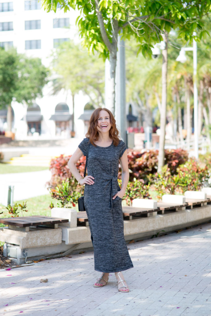 Casual Midi Dress featured by top US fashion blog The Modern Savvy; Image of a woman wearing a Talbots dress, Talbots jewelry, Talbots sandals and Talbots cross-body bag.