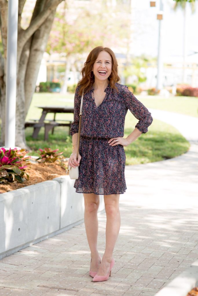 Spring Floral Dress featured by top US fashion blog The Modern Savvy; Image of a woman wearing J.Crew Factory dress, Sam Edelman shoes, bracelets from Talbots, Lilly Pulitzer earring and Gucci purse.