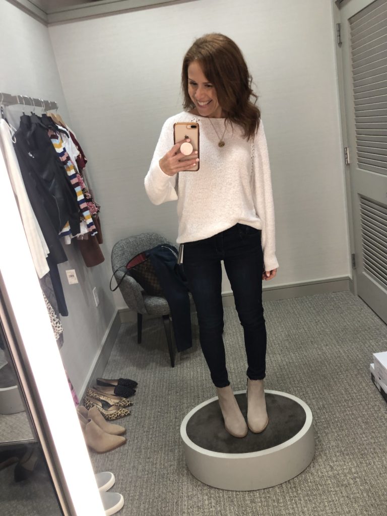 Nordstrom Anniversary Sale 2019: Fitting Room Try-On Session & My Favorite Under $100 finds! by popular Florida fashion blog, The Modern Savvy: image of woman inside a Nordstrom dressing room wearing a Caslon Boat Neck Bouclé Sweater, WIT & WISDOM DENIM, and  BLONDO BOOTIES.