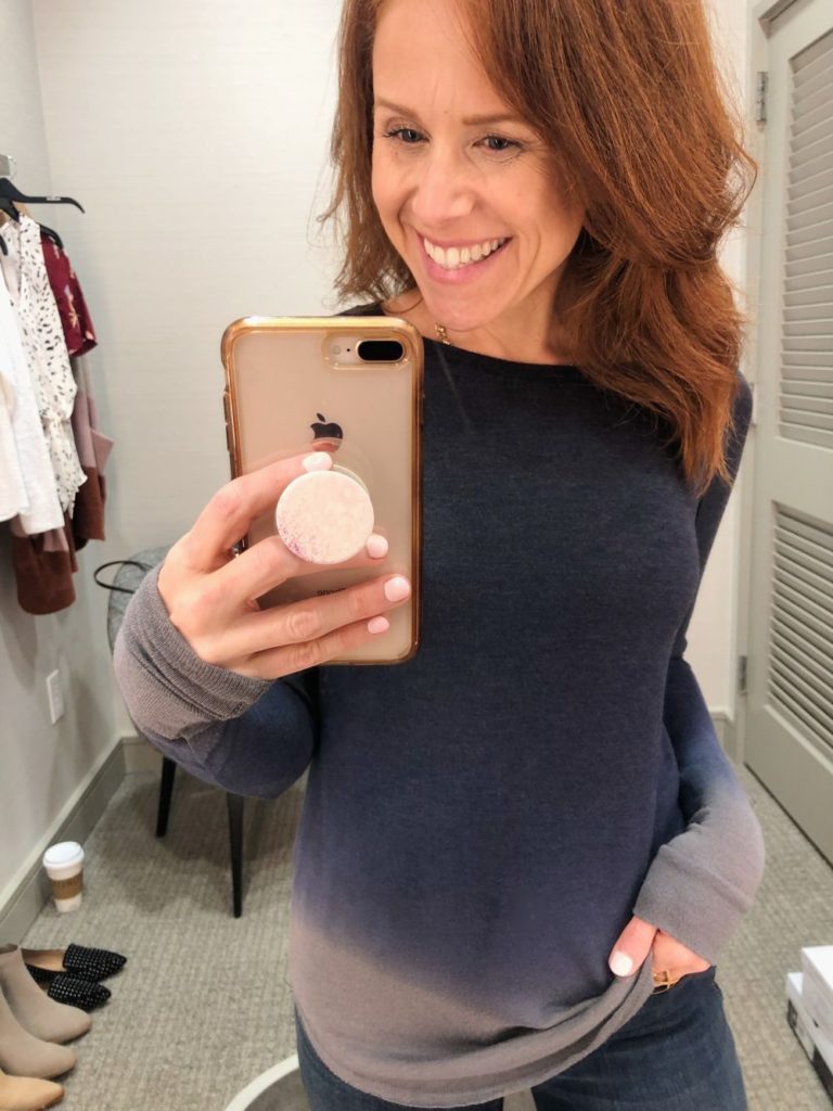 Nordstrom Anniversary Sale 2019: Fitting Room Try-On Session & My Favorite Under $100 finds! by popular Florida fashion blog, The Modern Savvy: image of woman inside a Nordstrom dressing room wearing a Treasure and Bond Curved Hem Tee. 