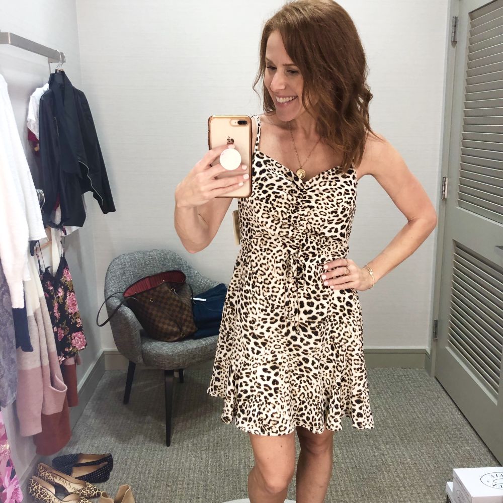 Nordstrom Anniversary Sale 2019: Fitting Room Try-On Session & My Favorite Under $100 finds! by popular Florida fashion blog, The Modern Savvy: image of woman inside a Nordstrom dressing room wearing a LEOPARD PRINT DRESS.