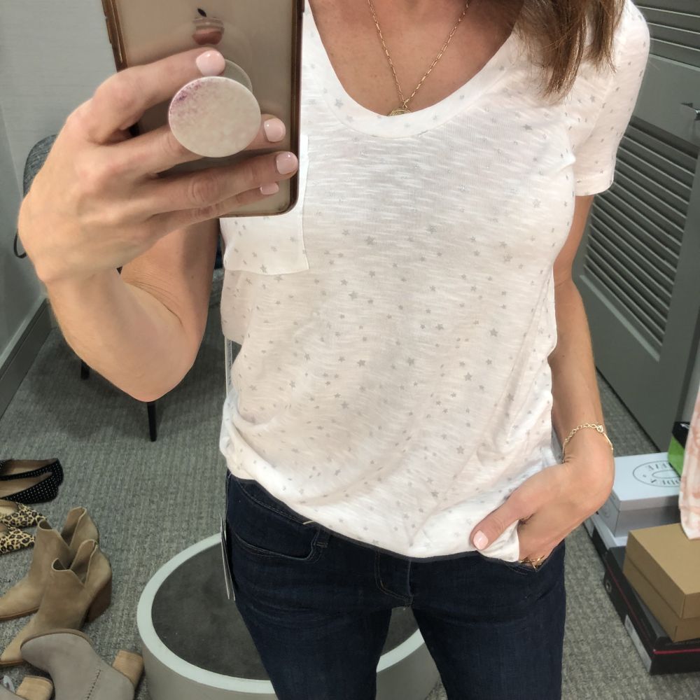 Nordstrom Anniversary Sale 2019: Fitting Room Try-On Session & My Favorite Under $100 finds! by popular Florida fashion blog, The Modern Savvy: image of woman inside a Nordstrom dressing room wearing a CASLON  POCKET TEE.