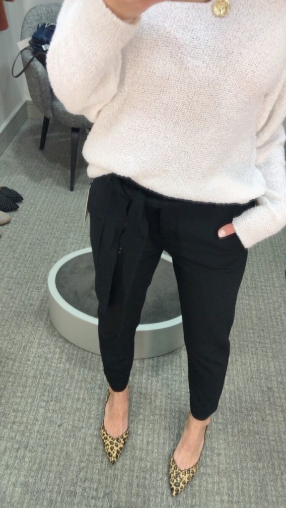 Nordstrom Anniversary Sale 2019: Fitting Room Try-On Session & My Favorite Under $100 finds! by popular Florida fashion blog, The Modern Savvy: image of woman inside a Nordstrom dressing room wearing a Caslon Boat Neck Bouclé Sweater, WIT & WISDOM DENIM, and SAM EDELMAN LEOPARD PUMPS.  