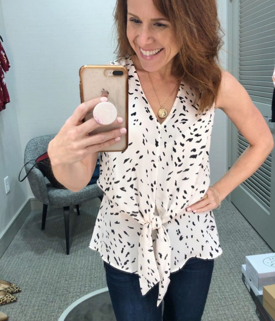 Nordstrom Anniversary Sale 2019: Fitting Room Try-On Session & My Favorite Under $100 finds! by popular Florida fashion blog, The Modern Savvy: image of woman inside a Nordstrom dressing room wearing a Chelsea28 Tie Waist Top and WIT & WISDOM DENIM.  