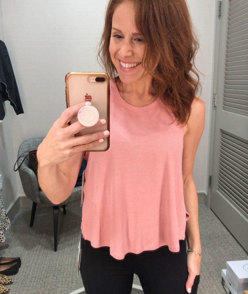 Nordstrom Anniversary Sale 2019: Fitting Room Try-On Session & My Favorite Under $100 finds! by popular Florida fashion blog, The Modern Savvy: image of woman inside a Nordstrom dressing room wearing a Zella Splits Ribbed Tank.
