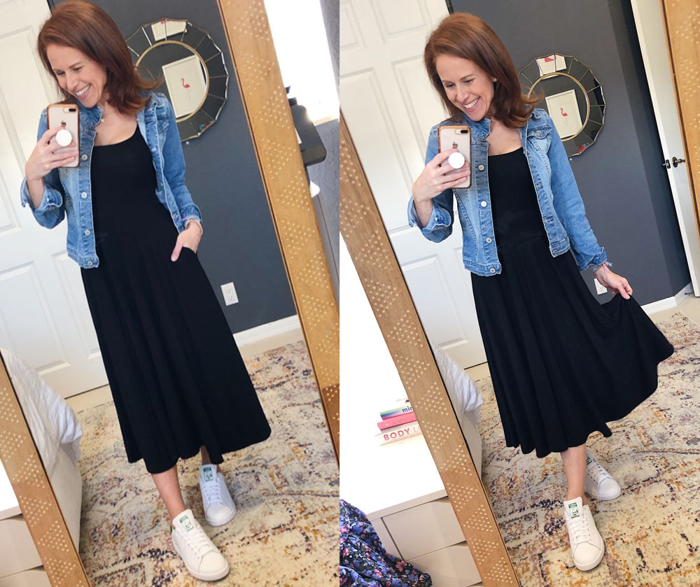 Early Fall / Florida Fall Fashion Ideas from my Latest Trunk Club by popular Florida fashion blog, The Modern Savvy: image of a woman wearing Nordstrom Reformation Rou Midi Fit & Flare Dress and Adidas Stan Smith Sneaker. 