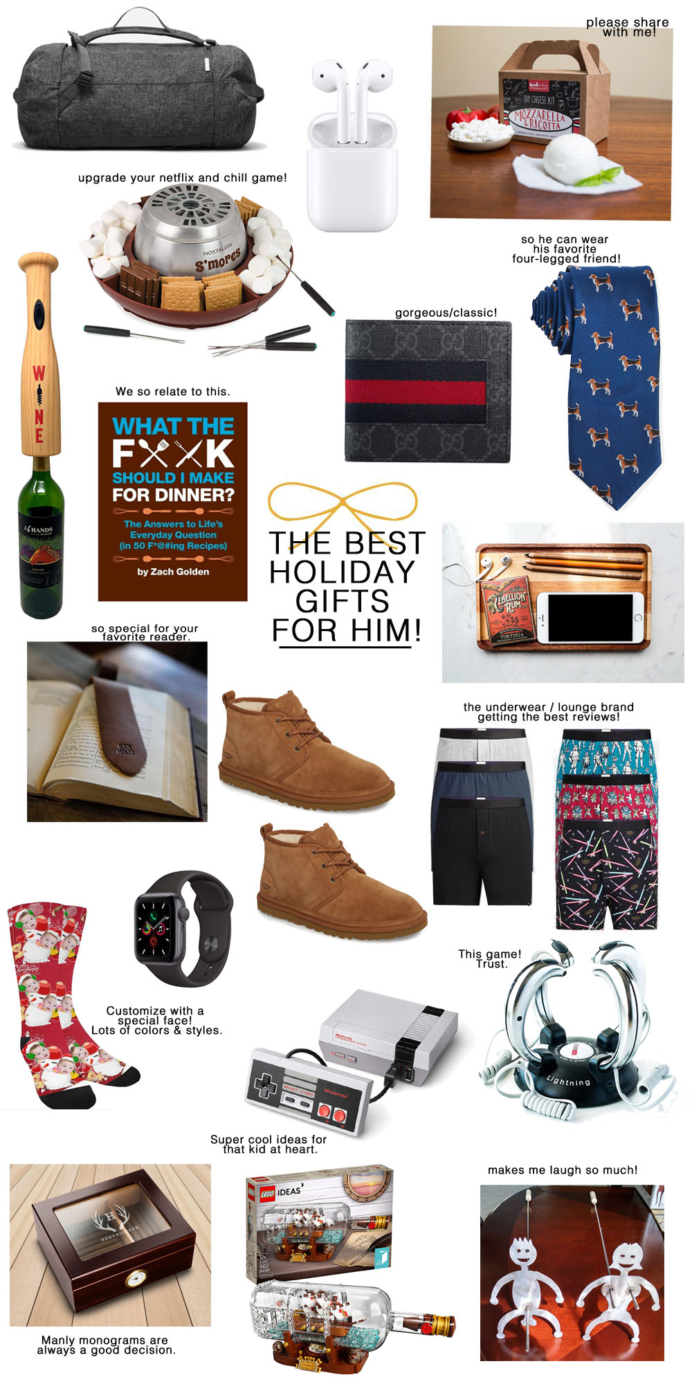 20+ Creative, Fun & Classic Gifts for Him by popular Florida life and style blog, The Modern Savvy: collage image of Everlane travel bag, baseball bat wine opener, Gucci wallet, cookbook, dog tie, monogrammed leather bookmark, ugg chukka boots, wooden catchall, custom photo socks, apple watch, classic nintendo, lightning reaction reload, engraved humidor, Lego ship in a bottle building set, and adult BBQ/S'mores skewers.