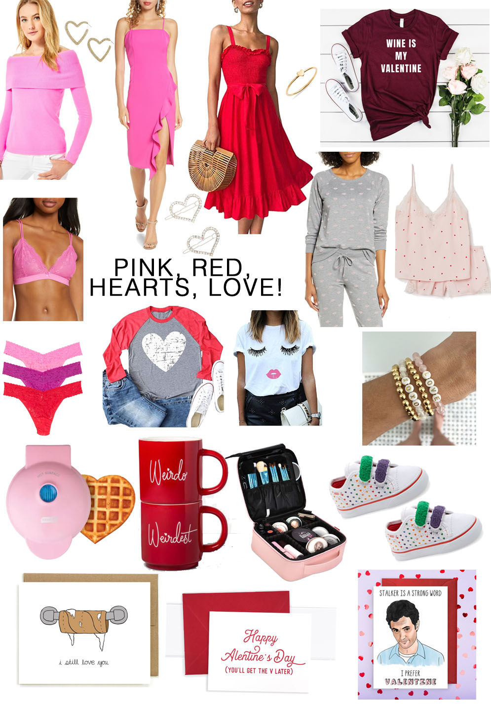 Valentine's Day Outfits by popular Florida life and style blog, The Modern Savvy: collage image of a pink off the shoulder shirt, pink ruffle dress, red dress, heart pajamas, pink bralette, heart hair clips, heart baseball t-shirt, heart ring, heart waffle maker, his and her mugs, makeup case, Valentine's Day cards, baby heart sneakers, and xo bead bracelet. 