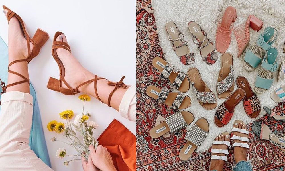 DSW Sale by popular Florida fashion blog, The Modern Savvy: split image of a woman wearing brown suede block heel sandals and various slide sandals in a pile on a Persian rug.