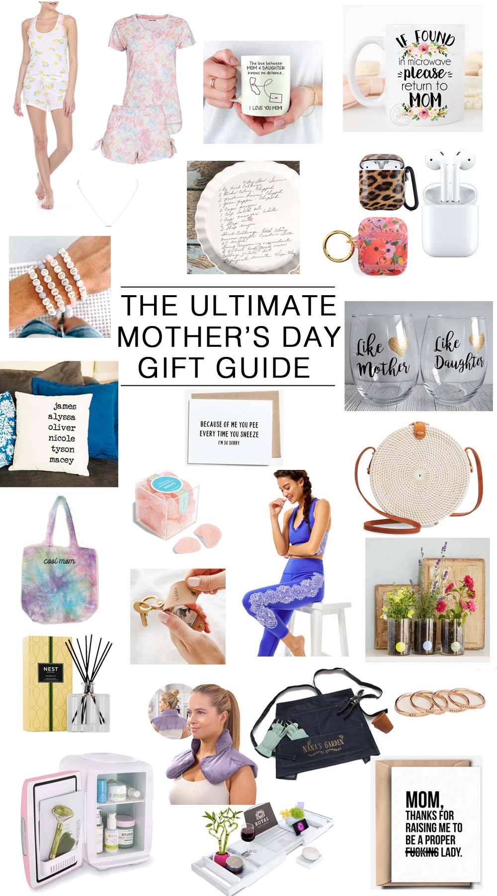 Mother's Day Gift Ideas by popular Florida life and style blog, The Modern Savvy: collage image of airpods, NEST grapefruit diffusers, personalized beaded bracelets, lemon print tank set, tie dye lounge set, Roberta Roller Rabbit, distance mug, if found mug, delicate bar necklace, custom recipe dish,leopard airpod case, floral airpod case, personalized pillow, sugarfina candy, wine glass set, cool mom tote, phot keychain, sports bra, leggins, rattan purse, birth month flower grow kit, neck/back heated wrap, garden apron, personalized rings, beauty and drink fridge, bath tray, and funny mother's day card. 