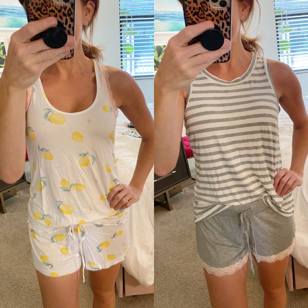 How to Feel Happy Again by popular Florida lifestyle blog, The Modern Savvy: image of a woman wearing a lemon print loungewear set and a grey and white loungewear set. 